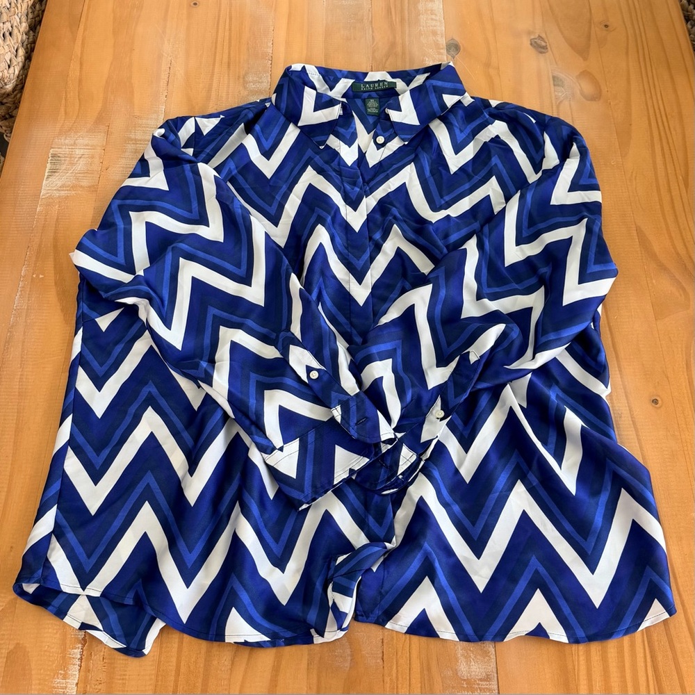 Ralph Lauren Blue and White Chevron Silk Blouse